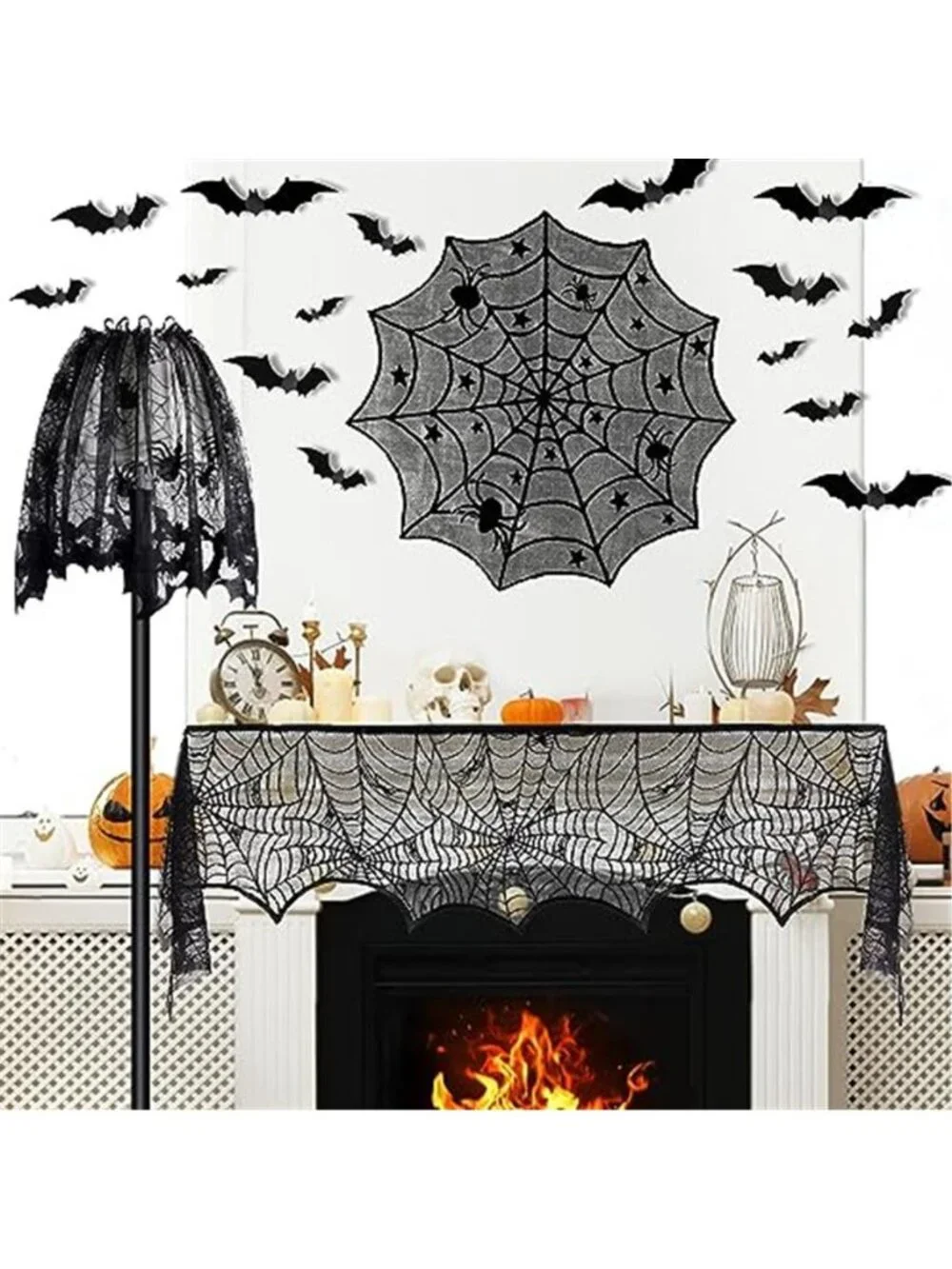 Halloween Spiderweb Tablecloth Runner Fireplace Scarf Lampshade Bats